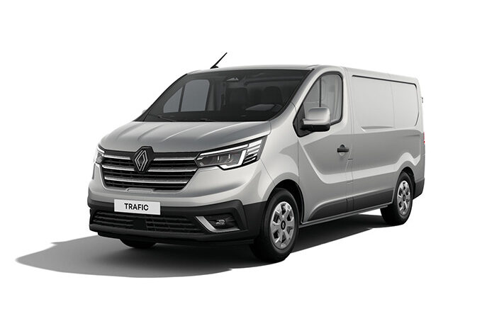 Grijze Renault Trafic bestelwagen voorkantaanzicht