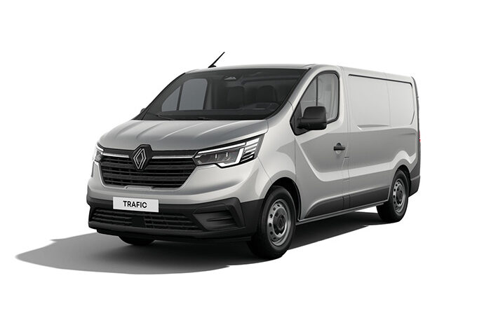 Grijze bestelwagen Renault Trafic vooraanzicht.